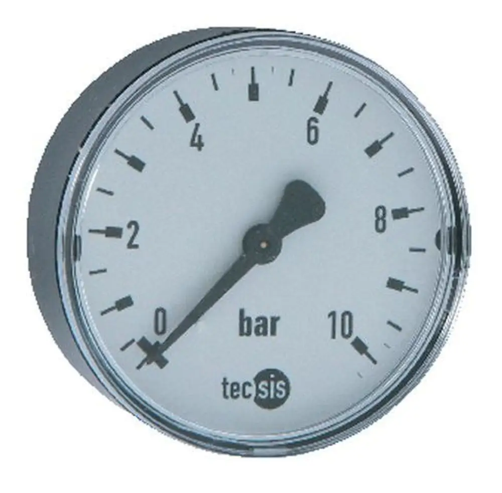 Syr-Manometer mit Skala von 0 bis 10 bar. Zifferblatt mit einer analogen Anzeige und schwarzem Gehäuse. Zeiger zeigt auf einen Wert im unteren Bereich der Skala.